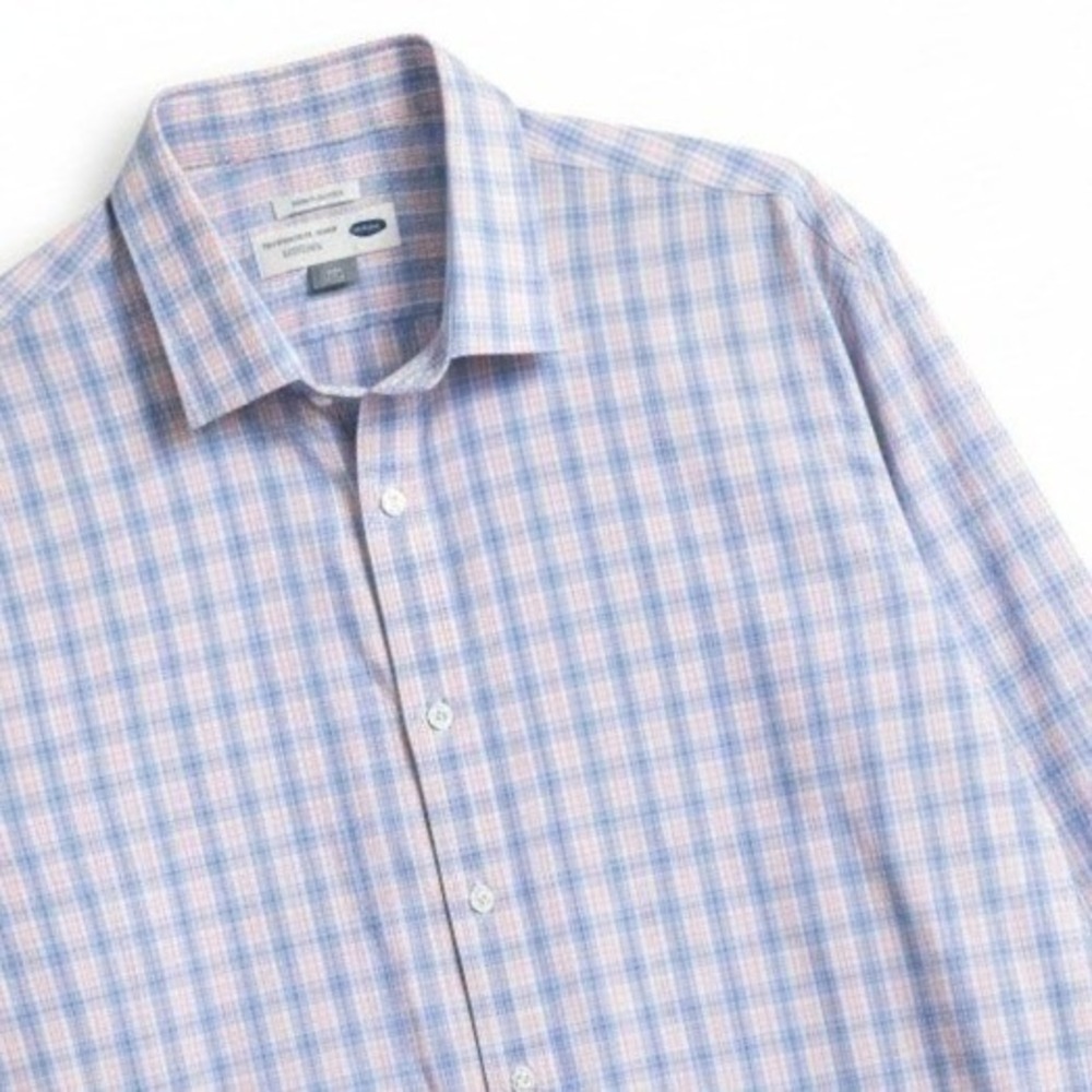 Old Navy Button Down Shirt Mens XXL Blue Pink Plaid Slim Fit Signature Stretch